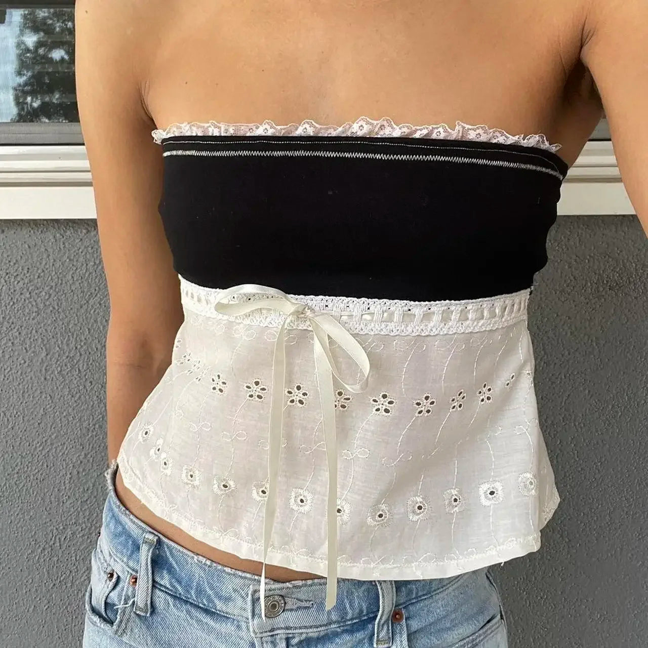 Women's Bandeau Top Kawaii Bow Lace Frill Strapless Tube Tops Summer Sexy Off Shoulder Backless Tie-up Vest Y2k Streetwear