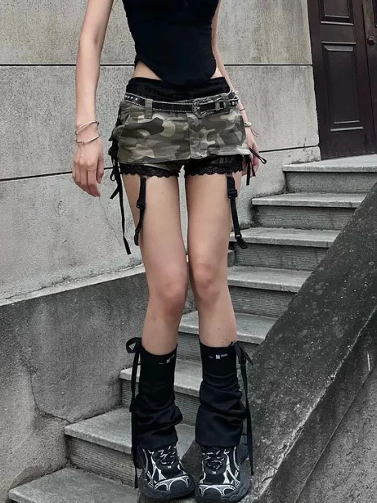 Euphoria American Y2k Mini Skirt With Lace Women Gothic Punk Camouflage Denim Skirt Streetwear Summer Harajuku Retro Spicy Y2k