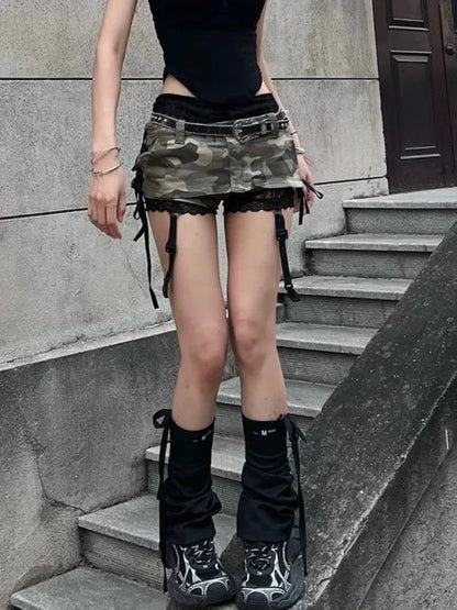 Euphoria American Y2k Mini Skirt With Lace Women Gothic Punk Camouflage Denim Skirt Streetwear Summer Harajuku Retro Spicy Y2k