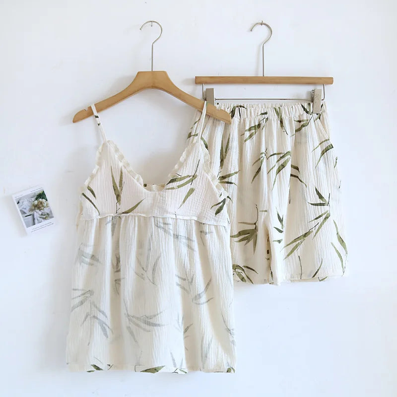 2025 Japanese Summer New Women's Pajama Set 100% Cotton Crepe Cloth Ladies Suspender+Shorts Two Piece Home Furnishing Set green