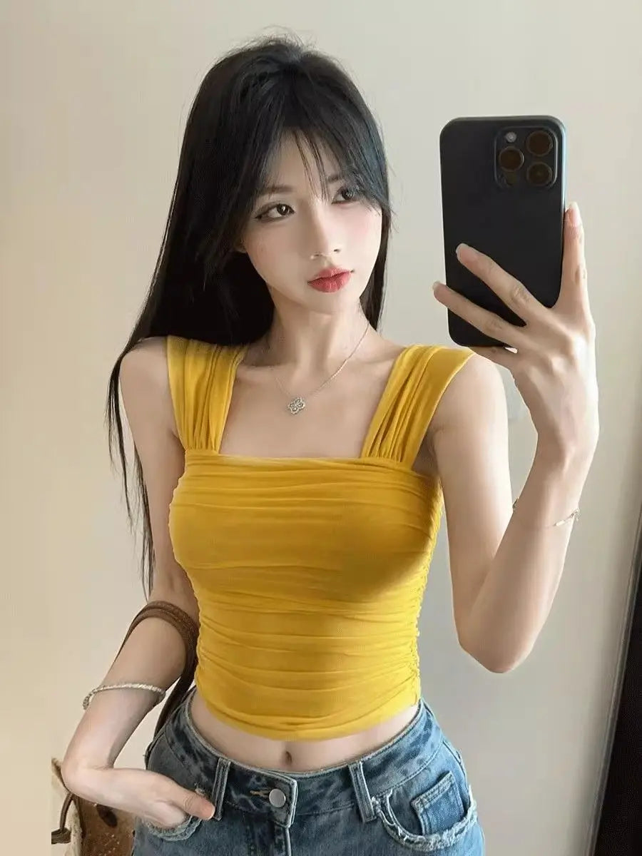 Women Clothing Summer Fashion Korean Solid Color Square Collar Ladies Simplicity All-match Appear Thin Short Sleeve Cotton Tops