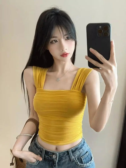 Women Clothing Summer Fashion Korean Solid Color Square Collar Ladies Simplicity All-match Appear Thin Short Sleeve Cotton Tops