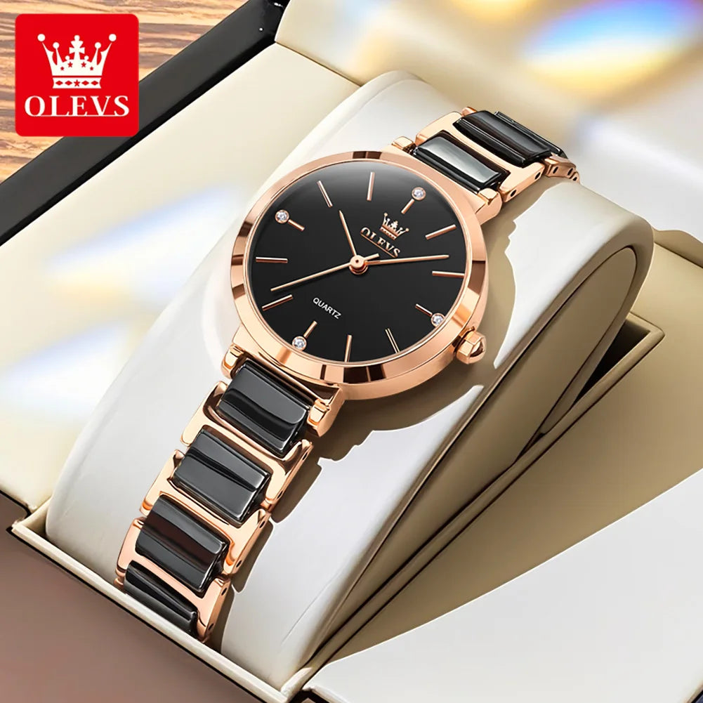 OLEVS 5877 Japan Quartz Movement Woman Watch Simple Elegant Luxury Rose Gold Ceramics Strap Waterproof Ladies Dress Wristwatch Rose Black CHINA