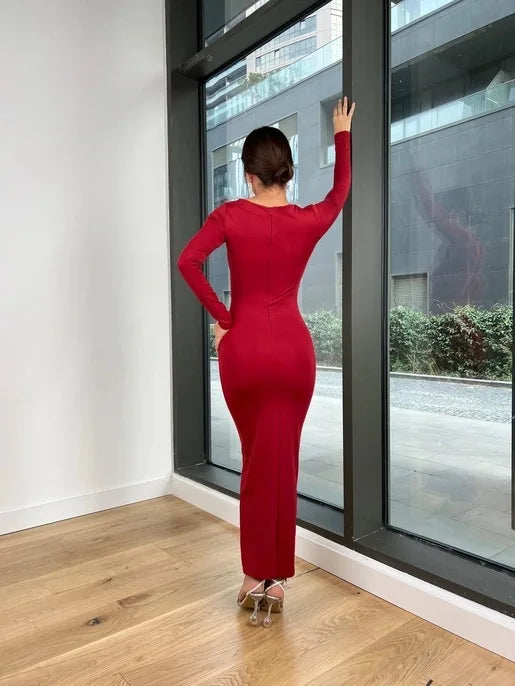 Sexy Bodycon Long Sleeve Midi Dress Women 2024 Autumn Slim Solid Party Package Hip Elegant Dresses For Women Robe Femme