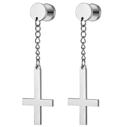 BONISKISS Men Women Stainless Steel Inverted Upside Down Cross Earring Church of Satan Temple Occult Satanic Witchy Stud Jewelry a82421-silver