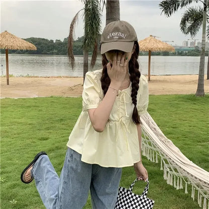 Ruffles Shirts and Blouses Korea Short Sleeve Top Women 2024 Summer Lace-up Sweet Blouses Cute Elegant Solid Sweet Folds Clothes