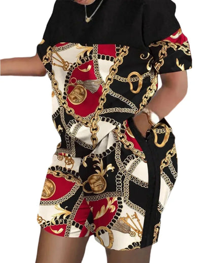 Women's T-shirt+Hot Pants Two Piece Set 2024 Summer Fashion Casual Printing Quick Drying Sports Fitness Top Shorts Female Suit 13