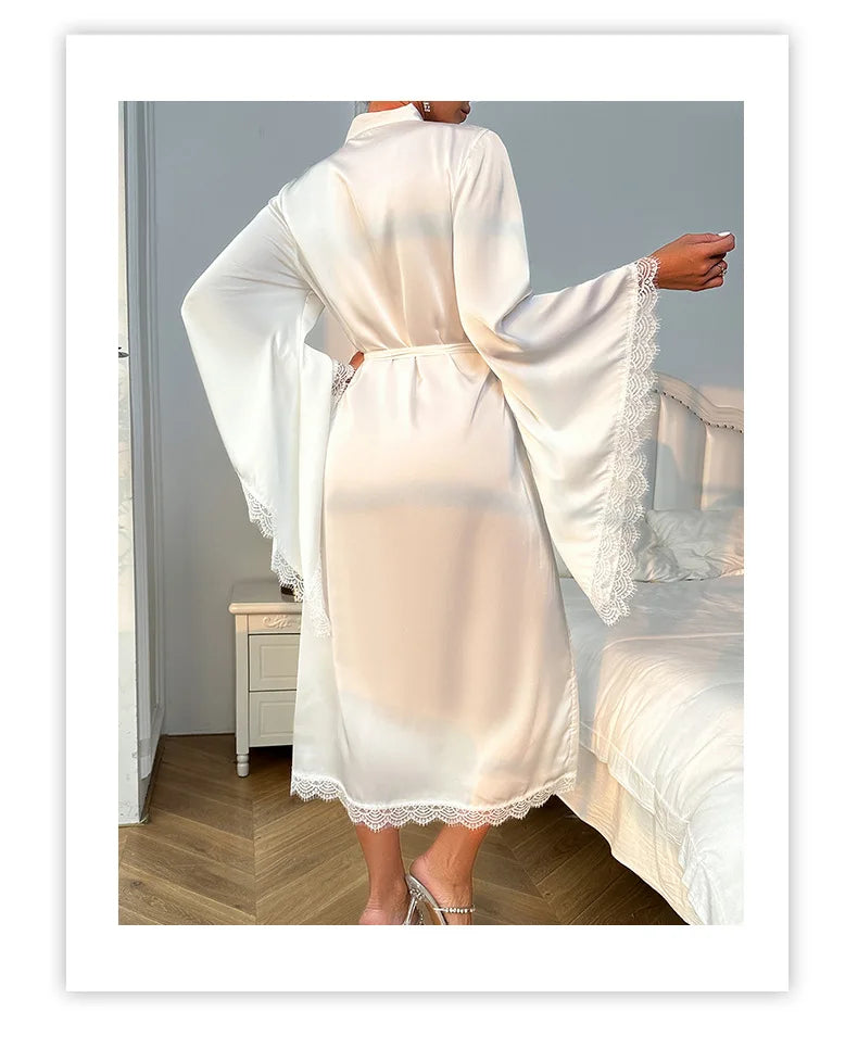 Long Bride Wedding Robe Women Elegant Sleepwear Big Sleeve Lace Full Slip Kimono Loungewear Soft White Rayon Home Dressing Gown