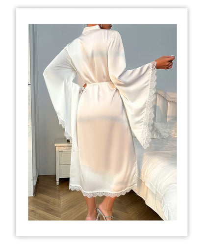 Long Bride Wedding Robe Women Elegant Sleepwear Big Sleeve Lace Full Slip Kimono Loungewear Soft White Rayon Home Dressing Gown