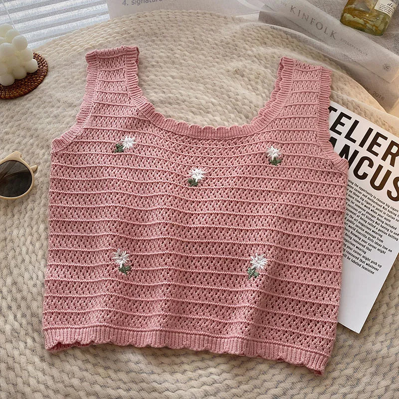 Women Summer Flower Embroidered Knit Tank Tops O-Neck Sleeveless Sweet Camisole Crochet Outer Wear Vintage Loose Inner Crop Tops