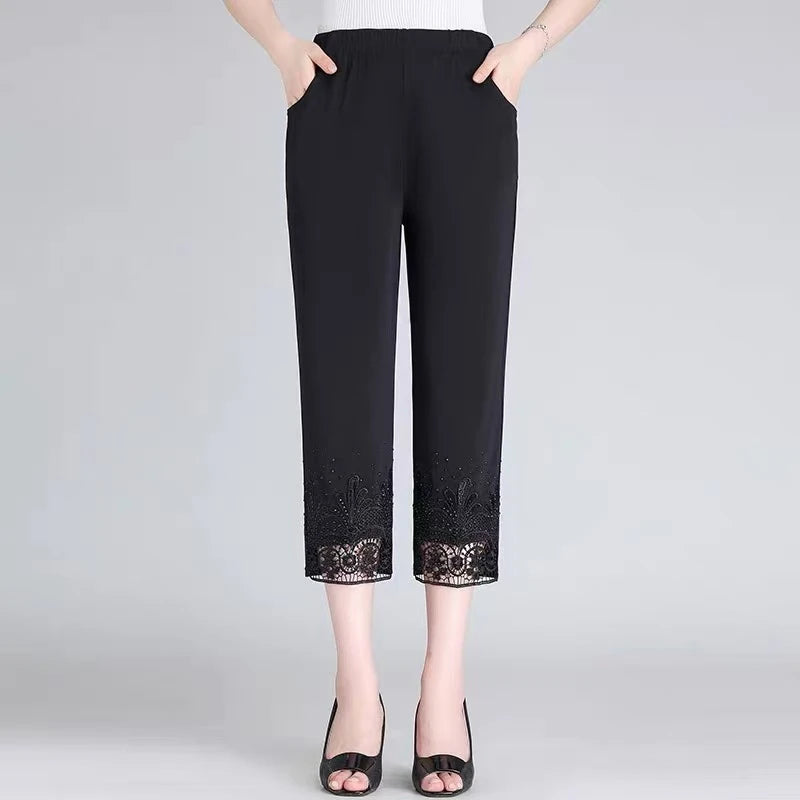 Hollow Out Diamond Studded Women's Summer Cropped Pants Fashionable Cool 2025 Casual Outdoor Pants New Street Pants black