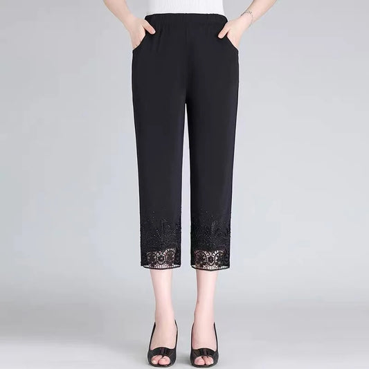 Hollow Out Diamond Studded Women's Summer Cropped Pants Fashionable Cool 2025 Casual Outdoor Pants New Street Pants black