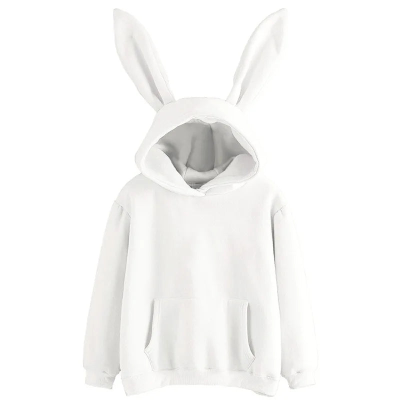 2025 autumn and winter new women's clothing Harajuku Wei hooded rabbit hoodie solid color loose casual women's top women's coat WHITE