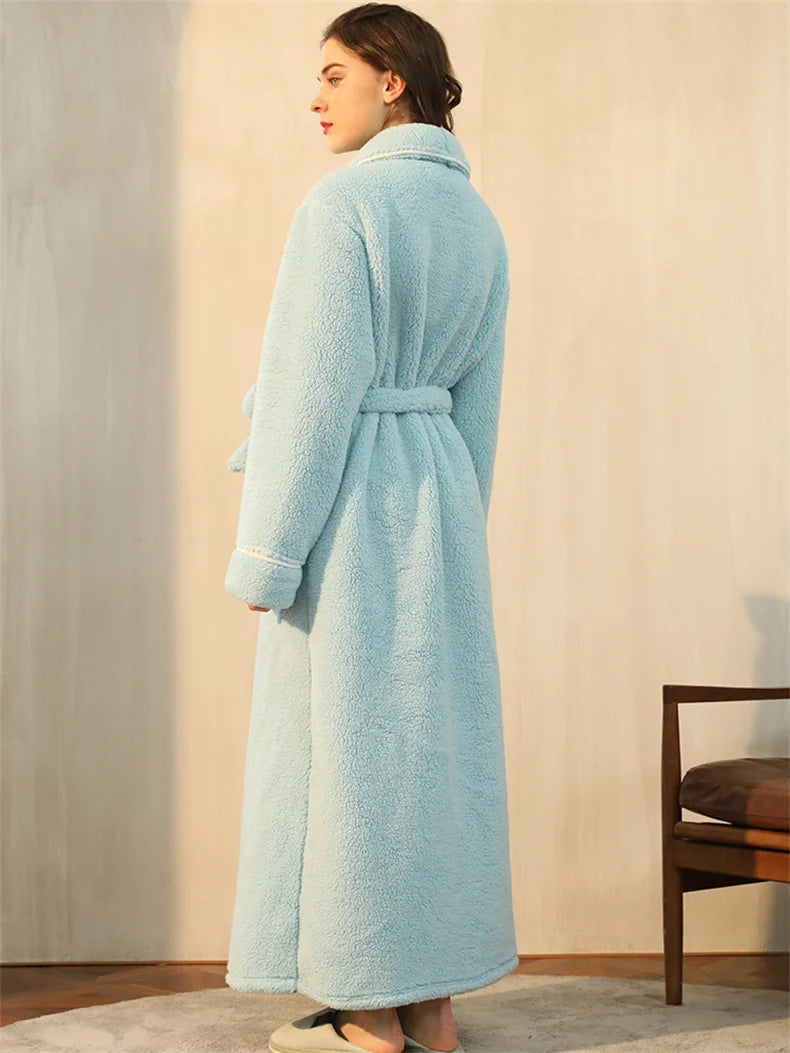 Men's Winter Bathrobe Long Sleeve Warm Turn Down Collar Man Fluffy Bath Robe With Sashes Solid Fleece Dressing Gown For Male