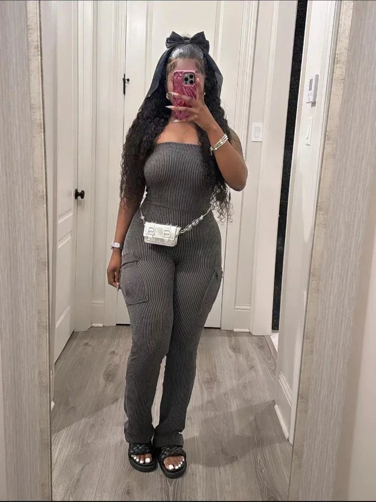 XIZOU Elegant Off Shoulder Strapless Knitted Pockets Girl Jumpsuits Women's Fitted Overalls Outfits Night One Piece Rompers