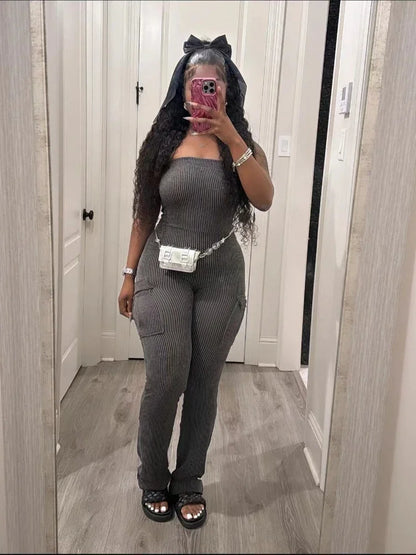 XIZOU Elegant Off Shoulder Strapless Knitted Pockets Girl Jumpsuits Women's Fitted Overalls Outfits Night One Piece Rompers