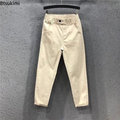 New Spring Summer Women Casual Harem Pants All-matched Casual Cotton Denim Pants Elastic Waist Solid Yellow White Jeans Female