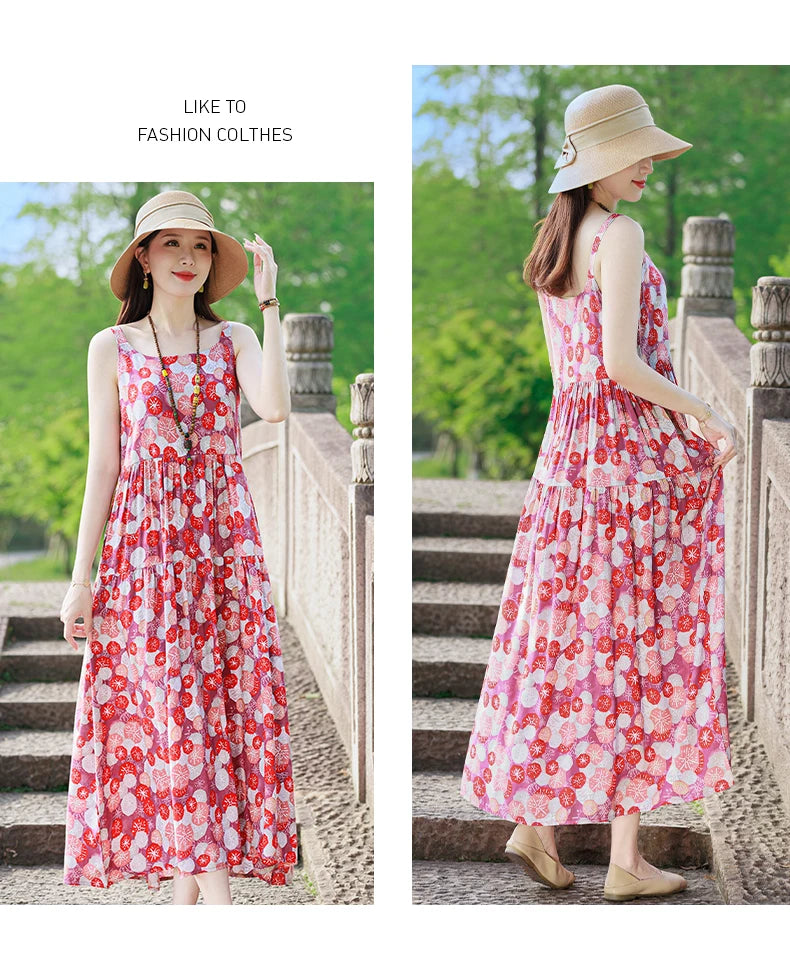 New Fashion Casual 2025 Summer Elegant Dresses For Women O-Neck Print Vintage Sleeveless Dress Loose Women Clothing