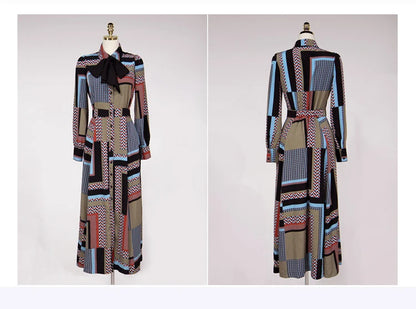 H Han Queen Vintage Print Elegant Long Dress Women Spring Single-breasted Shirt Dresses Waist Swing Ankle-length Vestidos