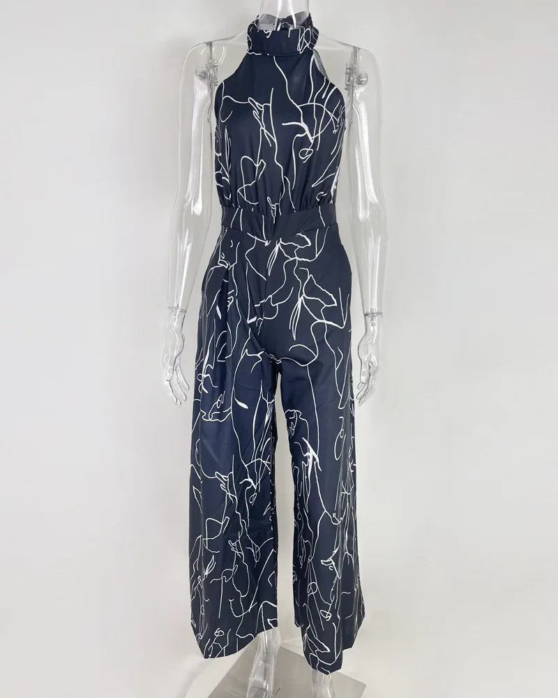 Women's 2025 Off-Shoulder Jumpsuit Flare Wide Leg Romper Artistic Print Lace-up High Waist Vacation Street Style Light Social Badiee Stylez