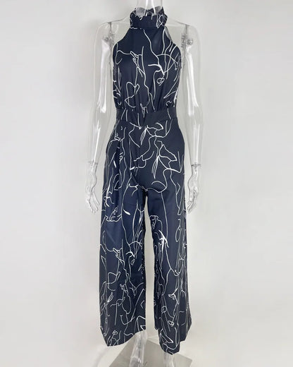 Women's 2025 Off-Shoulder Jumpsuit Flare Wide Leg Romper Artistic Print Lace-up High Waist Vacation Street Style Light Social Badiee Stylez