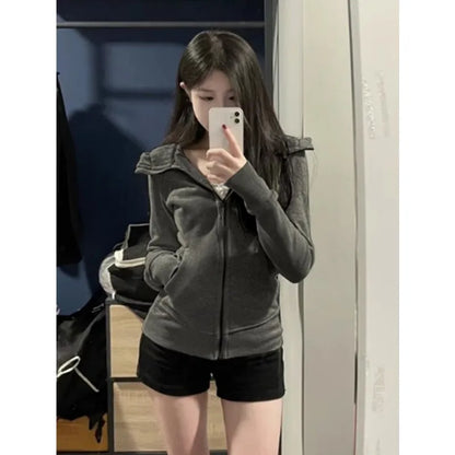 ay Fce Lined Hoodie Women's Sportswear Slim Fit Autumn Winter Casual Versatile Outerwear Korean Sle Commute Design Dark gray