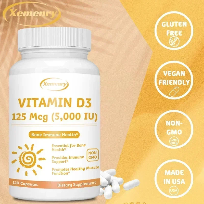 Vitamin D3 5000IU Capsules - Helps Support Muscle and Nerve Health, Bone Health, Immunity and Sleep Quality, Anti-inflammatory