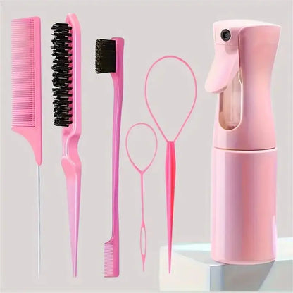 6pcs/Set Hair Brush Set Hairdressing Spray Bottle Hair Braiding Loop Rat Tail Comb Teasing Hair Brsuh Edge Control Hair Brush Pink