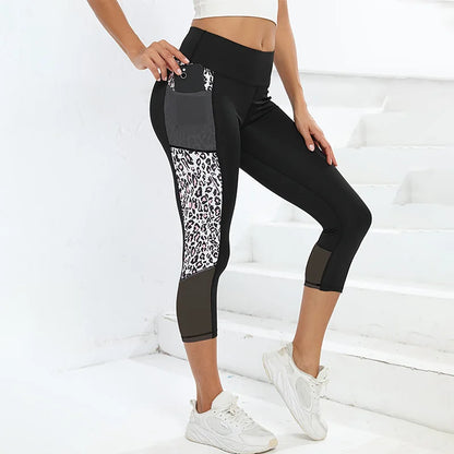 Marble Print Butt Lifting Sports Capri Leggings With Pockets, High Waisted Yoga Tight Capri Pants, Women's Activewear Pink Leopard