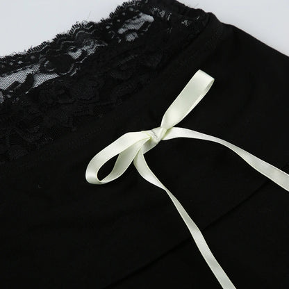 Cuteandpsycho Lace Patchwork Bow Straight Pants Y2K Fashion Aesthetic Cute Trousers Harajuku Streetwear Joggers 2000s Bottoms