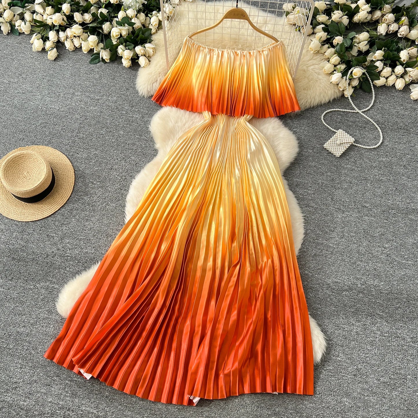SINGREINY 2025 Gradient Party Long Dress Female Off Shoulder Elastic Waist A Line Sundress Vacation Luxury Pleated Maxi Dresses