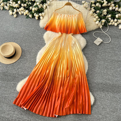 SINGREINY 2025 Gradient Party Long Dress Female Off Shoulder Elastic Waist A Line Sundress Vacation Luxury Pleated Maxi Dresses