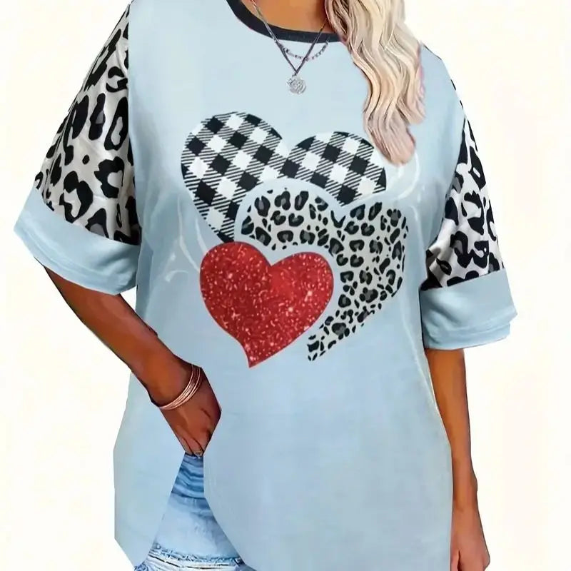 Plus Size Plaid Heart Print T-Shirt Casual Short Sleeve Top For Spring & Summer Women's Plus Size Clothing AF633