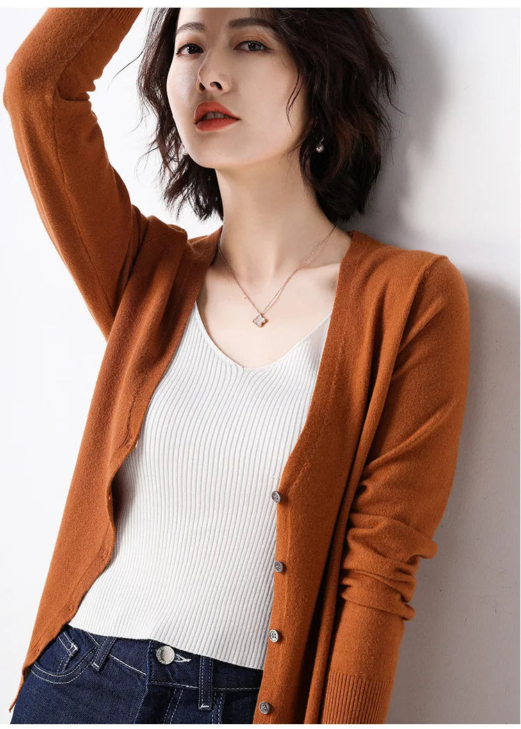 Women Cardigans 2025 Single Breasted Solid Knitted Shirt Spring Autumn Cardigan Korean Fashion V-neck Sweaters Knit Outerwear