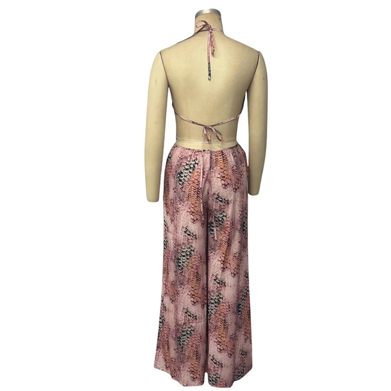 Wefads Jumpsuit Women 2025 Casual Fashion Sleeveless Printed Halter Neck Backless Lace Up Loose Wide Legs Pants Rompsers