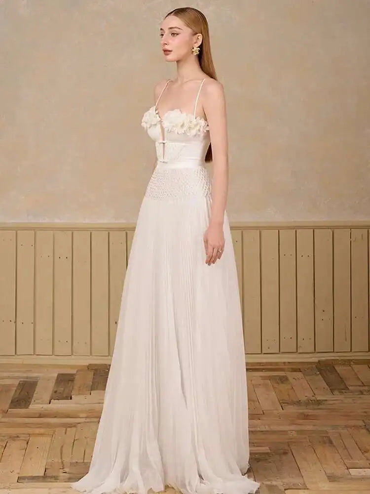 DEAT Elegant Dress Hollow Out Backless Camisole Pleated Flower High Waist Women's Party Dresses 2025 Autumn New Fashion 13DB5083 Badiee Stylez