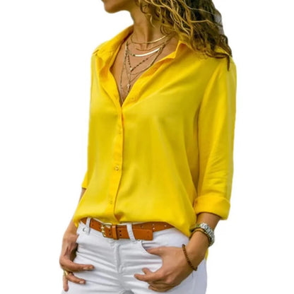 Women Elegant Solid Chiffon Blouse Spring Summer Casual Long Sleeve V Neck Loose Shirt Office Lady Tunics Oversized Tops 2023 Yellow