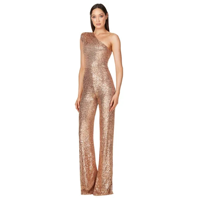 Women Elegant Long Jumpsuits Sexy Glitter Sequin Club Ladies Playsuits Slanted Collar Party Fashion Backless Solid Romper 2024 Badiee Stylez