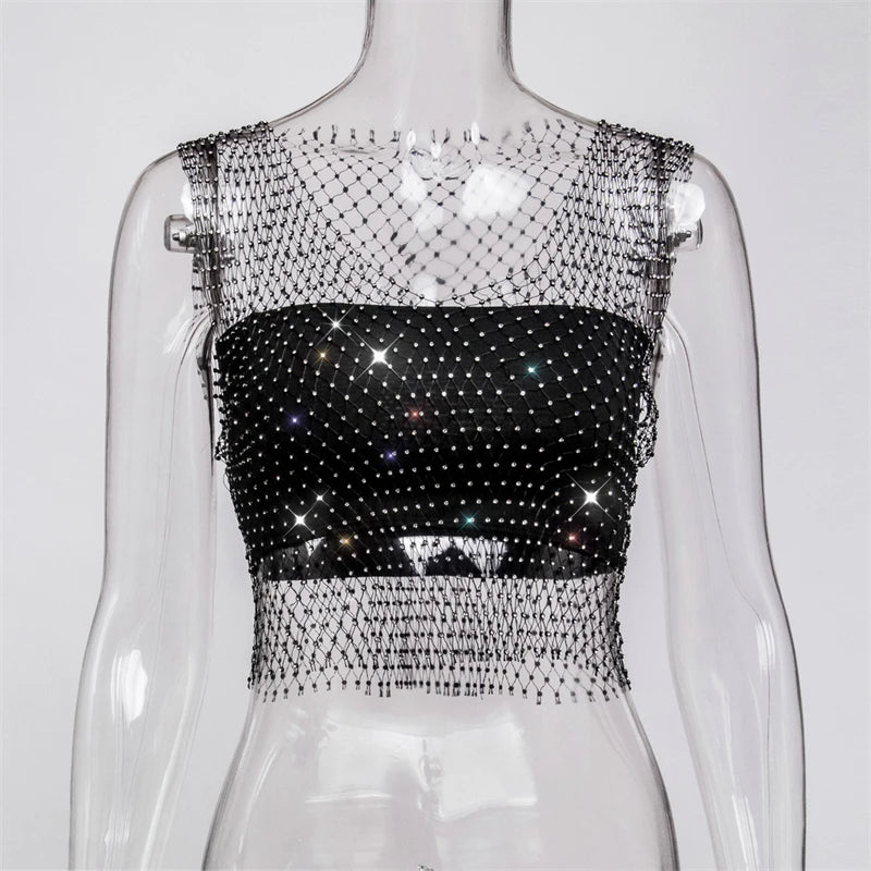 Sexy Diamonds Mesh Cropped Tank Top Women Summer Cover Up Bikini See Through Rhinestone Net Party Club Crop Top Dropshipping