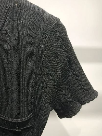 Women O-Neck White Knit Thread Mid-Length Dress Summer 2024 New Elegant Lady Ruffled Sleeve Single Breasted Slim Long Robe Badiee Stylez