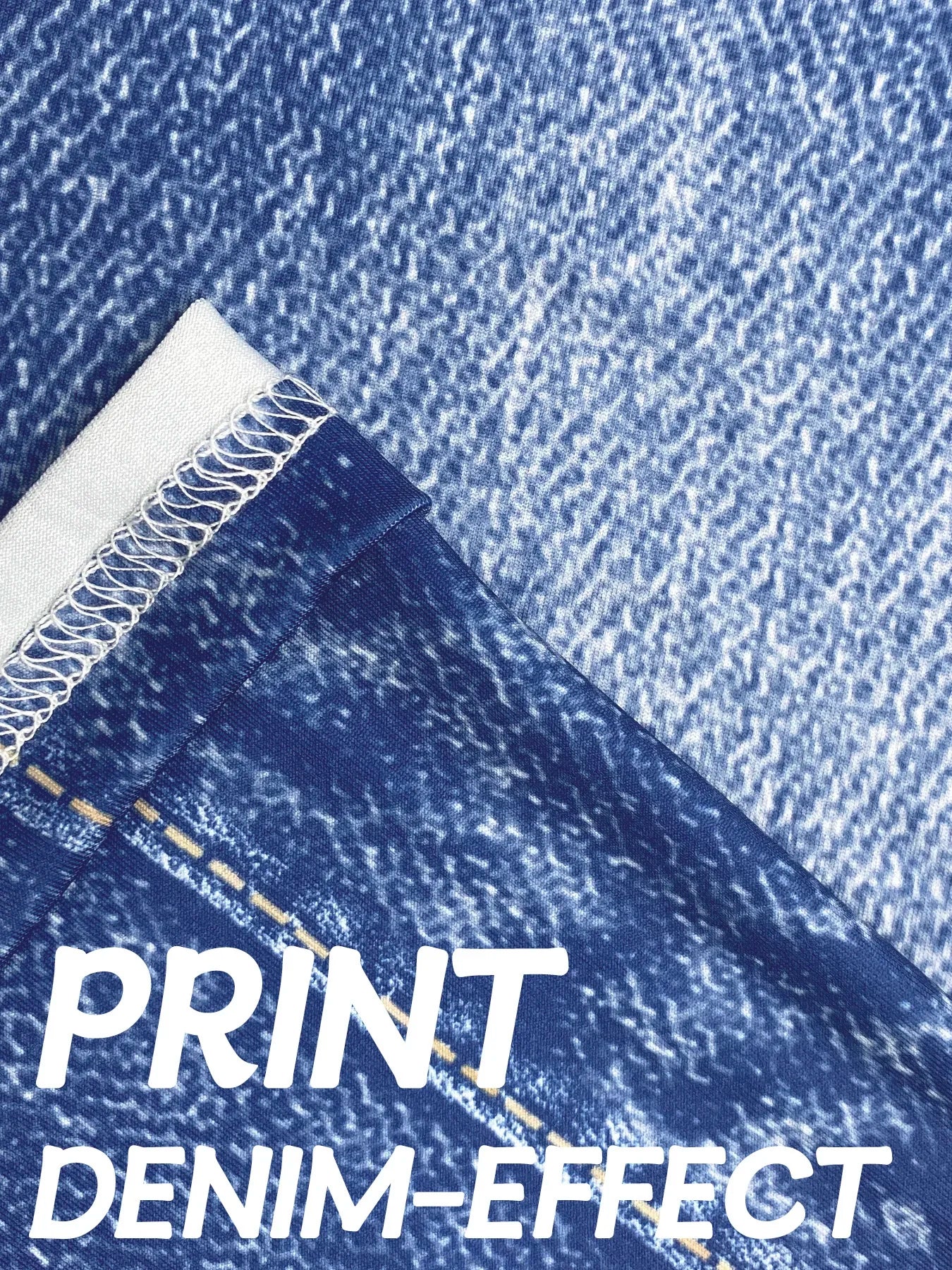 Plus Size Women's Denim Print Quarter Leggings Stylish Casual Knit Stretchy Skinny Shorts with Side Button Detail Pattern Pants