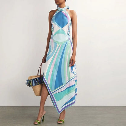 Summer Sexy Print Sleeveless Halter Shirt Skirt Two Piece Set Women Retro Pattern Print Satin Outfit Women Beach Holiday Clothes