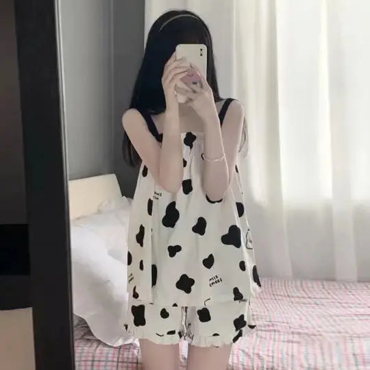 Summer Ins Sle Women's Cotton Spwear Sweet Strap ort Pants Home Clothes Sexy Cute Japanese Sle Pure Desire Home Clothes Cow-sling set