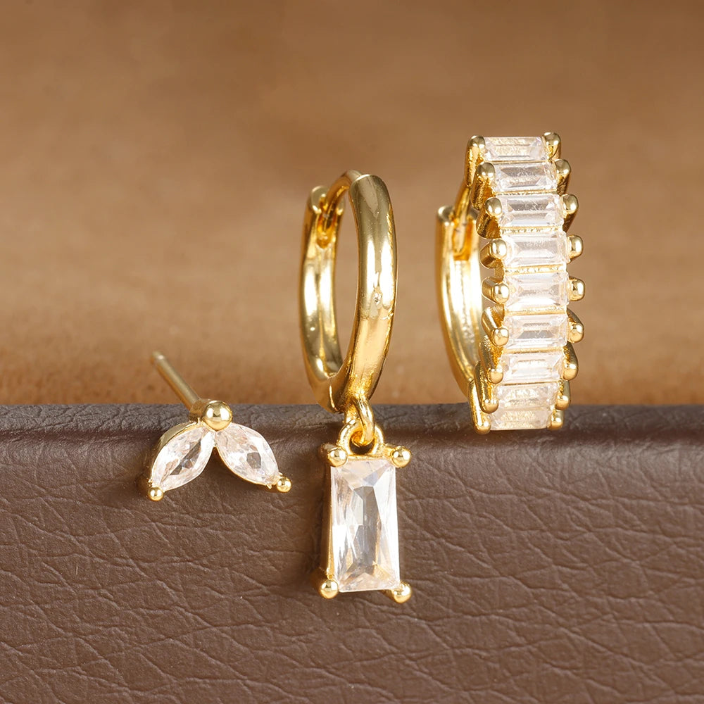 3PCS Stainless Steel Square Earrings Sets for Women Vintage Zircon Pendant Geometry Round Circle Hoop Earrings Piercing Jewelry Gold-White-3pcs