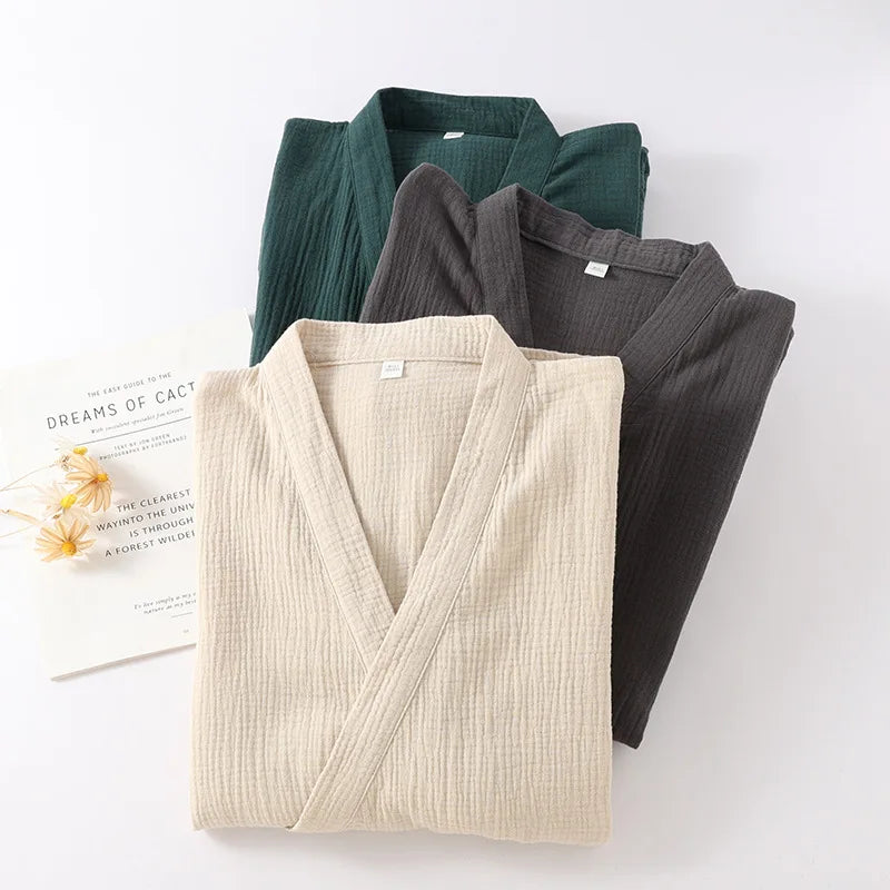 2025 Japanese New Spring/Summer Couple Kimono Robe 100% Cotton Crepe Cloth Men's and Women's Bathrobe Thin Home Sleeping Robe