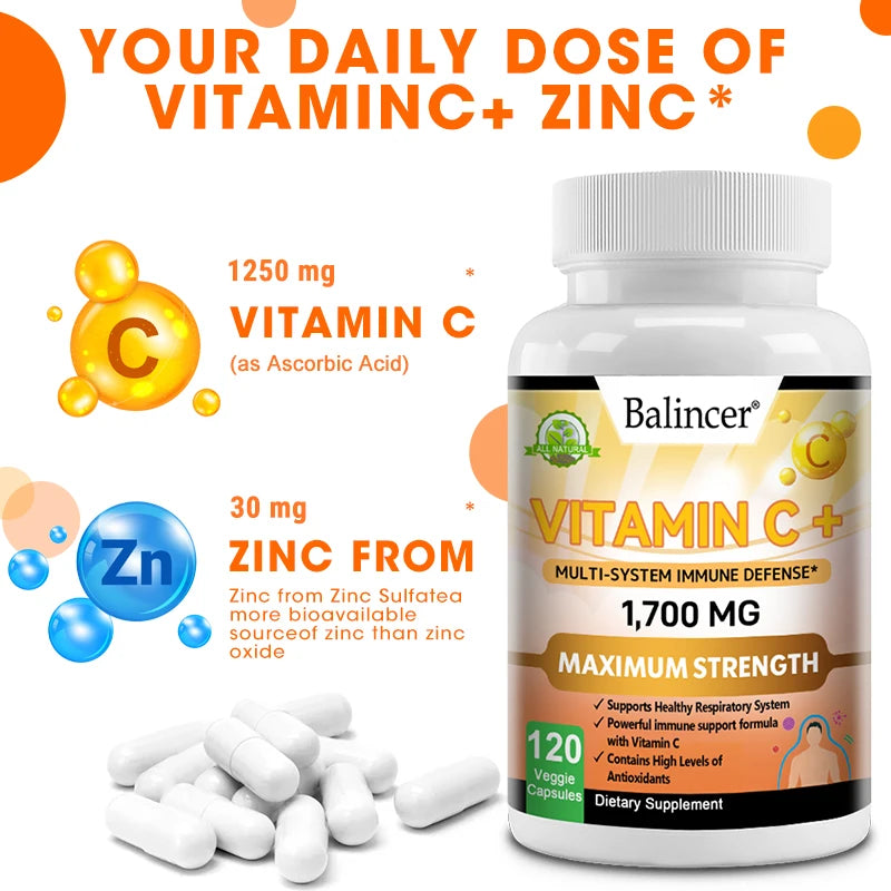 Vitamin C supplement, ascorbic acid, zinc and elderberry boost the immune system. Powerful Antioxidant, 120 Capsules ,