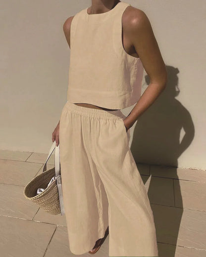 Women's Solid Color Casual Sleeveless Shirt And Pants Two Piece Summer Loose Simple Wide Leg Pants Vest Female 2025