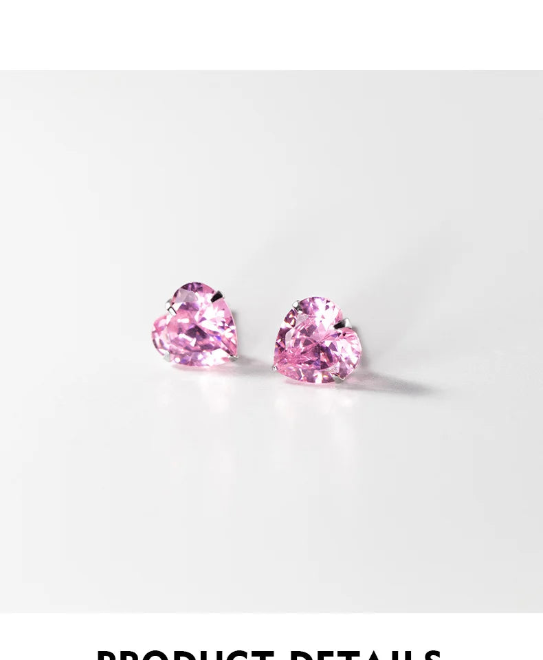 TrustDavis Real 925 Sterling Silver Earrings Cute Pink Heart Charm Shiny CZ Stud Earrings for Women Kids Teen Jewelry DS3731