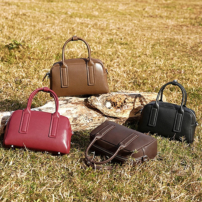 Hifashion Vintage Boston Cow Genuine Leather Handbags For Women 2025 Trend Designer Bowling Work Ladies Shoulder Crossbody Bags