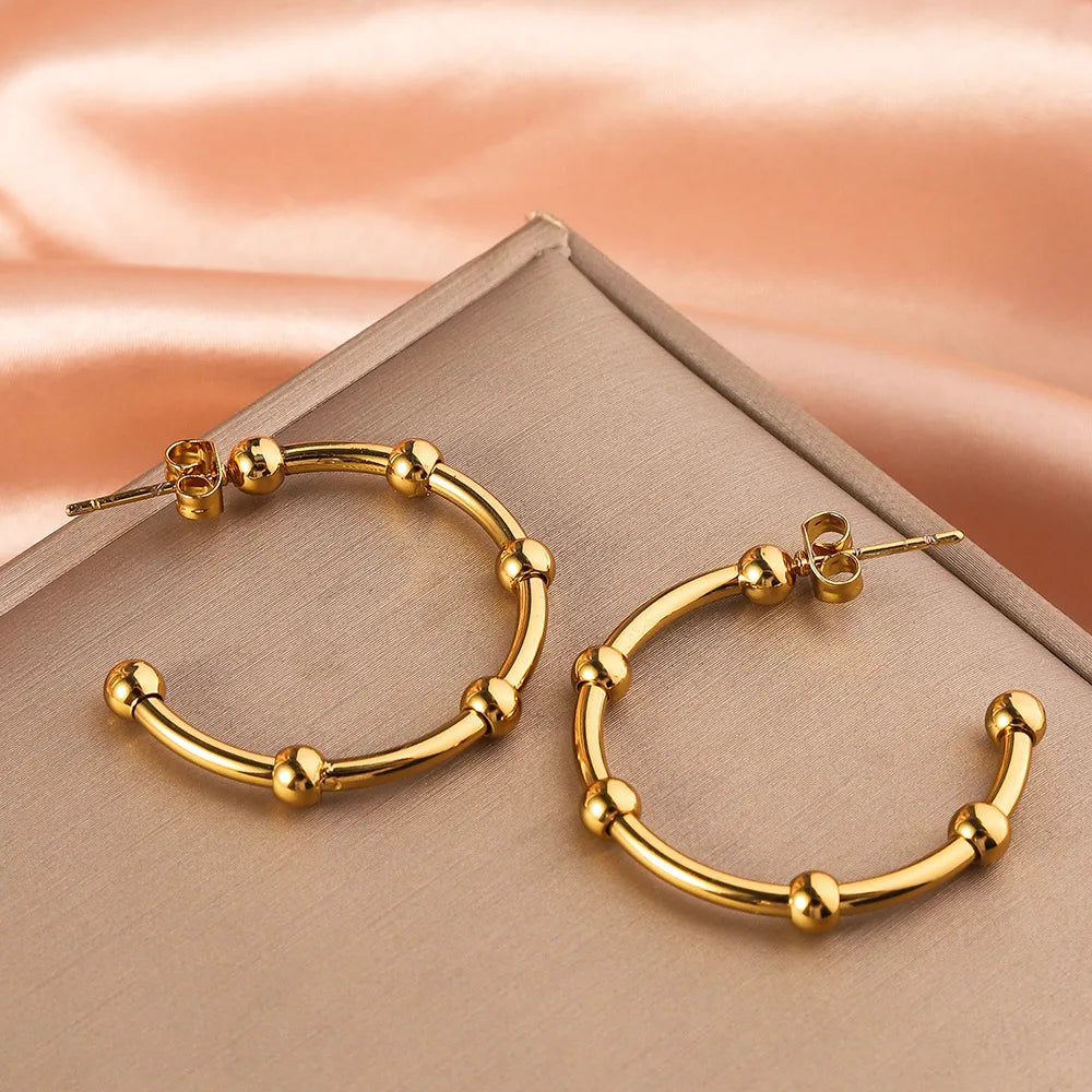 Stainless Steel Women's Hoop Earrings, Non Fading Fashionable Gold Color Metal Bead Earrings, Classic Jewelry Accessories